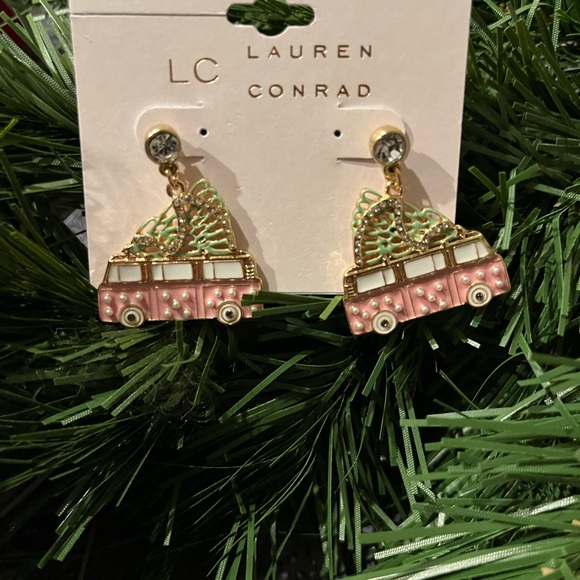 Pink Christmas tree on pink truck holiday Earrings - Picture 2 of 2